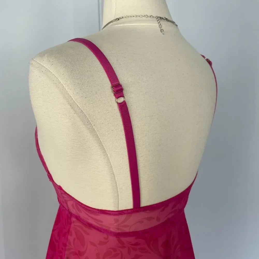 Cami Tank Top Size Medium Hot Pink Sheer Mesh Babydoll Lingerie Romantic